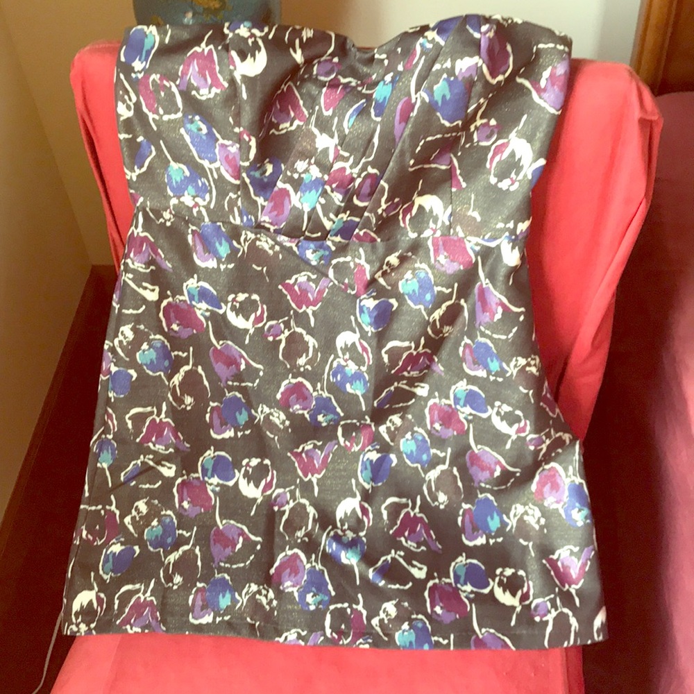 Strapless, sparkly floral formal dress